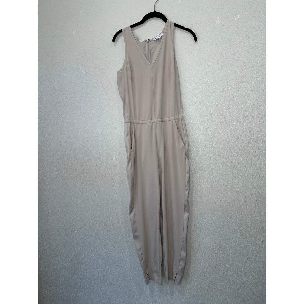 Athleta‎ Womens V-Neck Sleeveless Jumpsuit Beige Elastic Waist Pockets Size 2